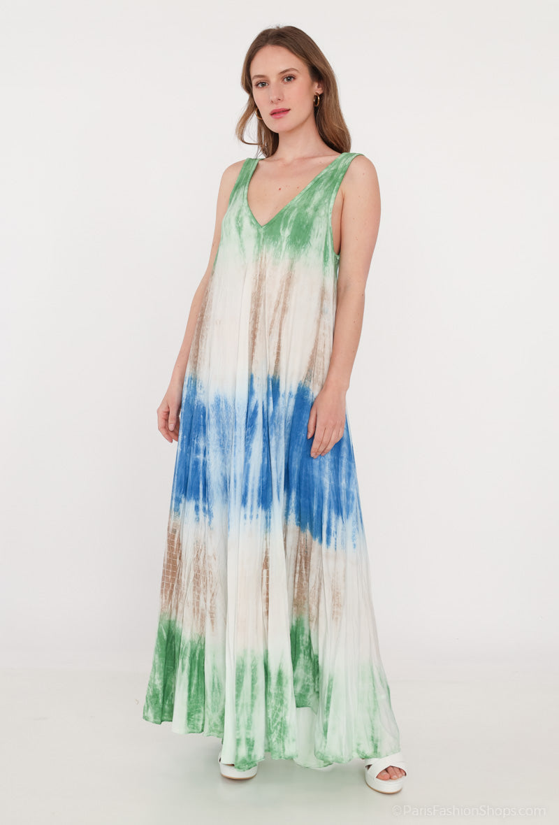 Robe Longue Tie & Dye Tricolore Bretelles Large Col V