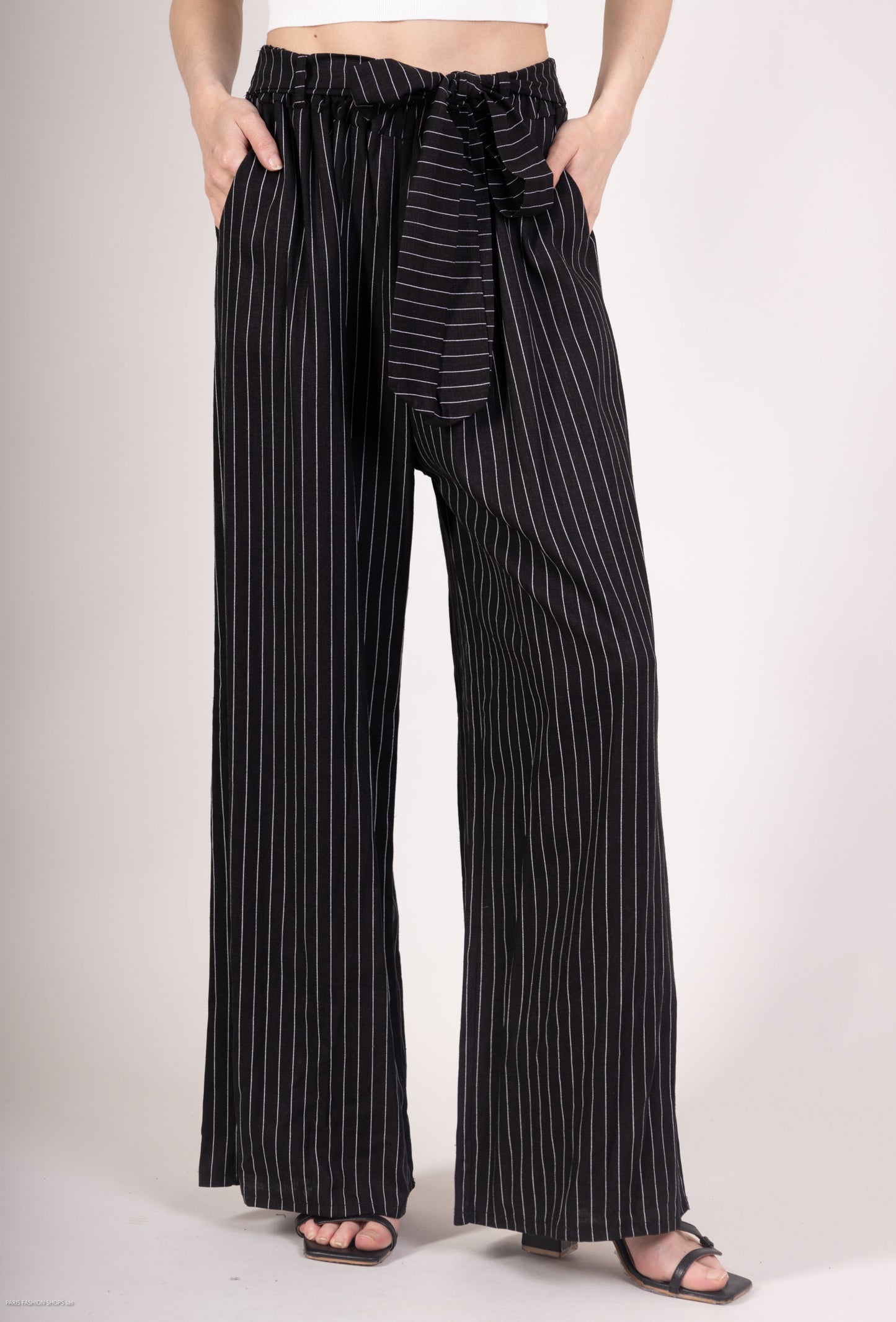 Pantalon Jupe Large Rayé à Ceinture Textile