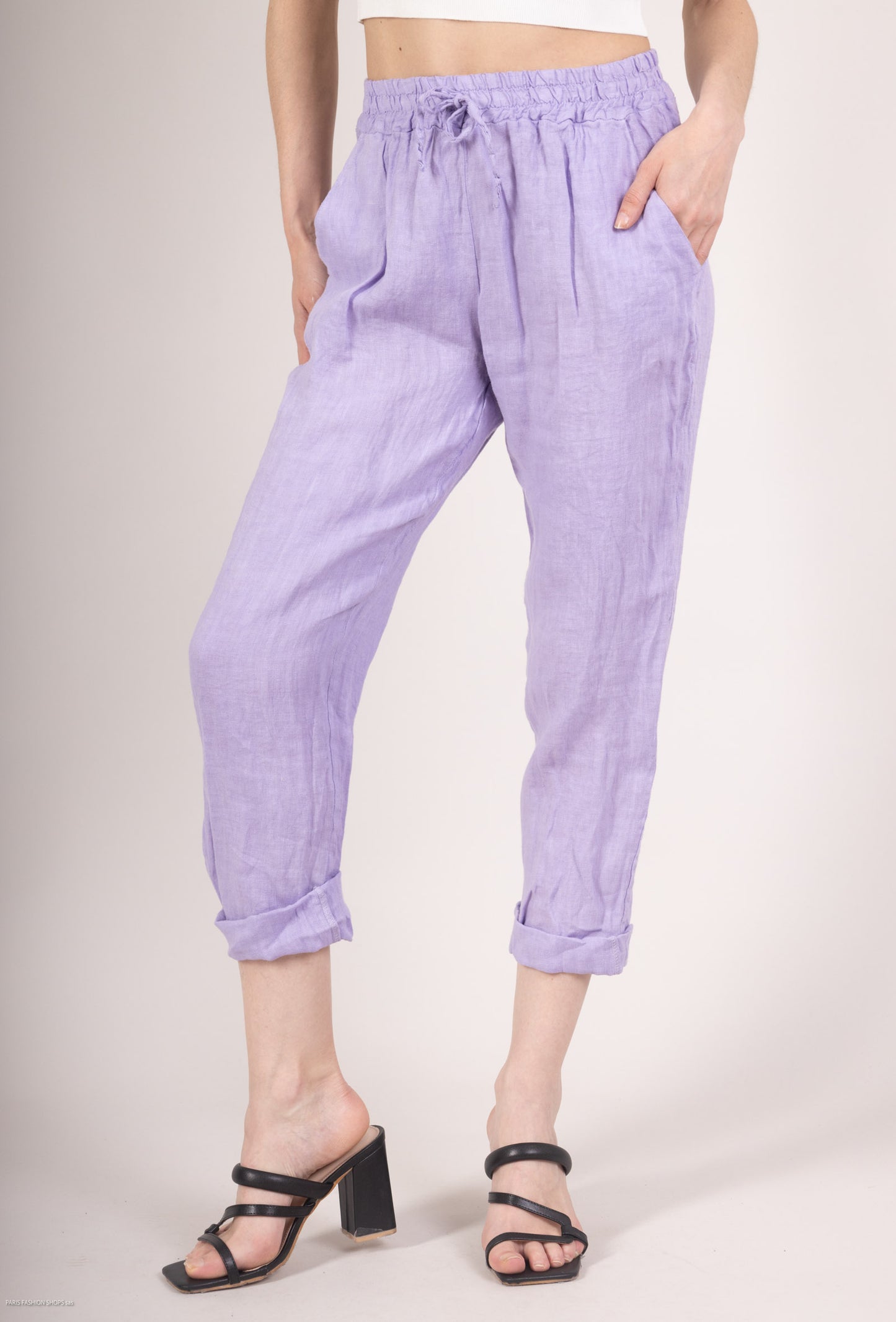 Pantalon 100% Lin Coupe Ballon Large Midi Nœud Ajustable
