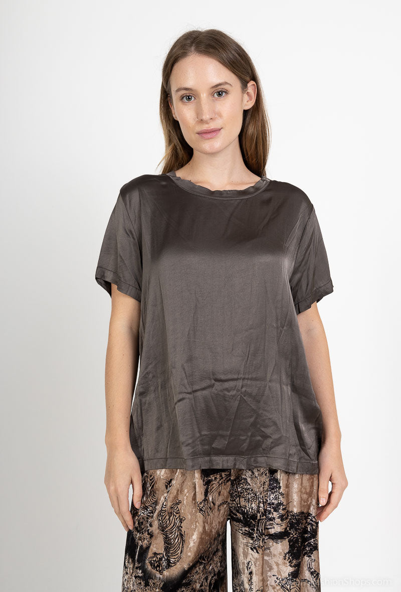 T-Shirt Manche Courte Satin Simple Bords-Côtes Viscose