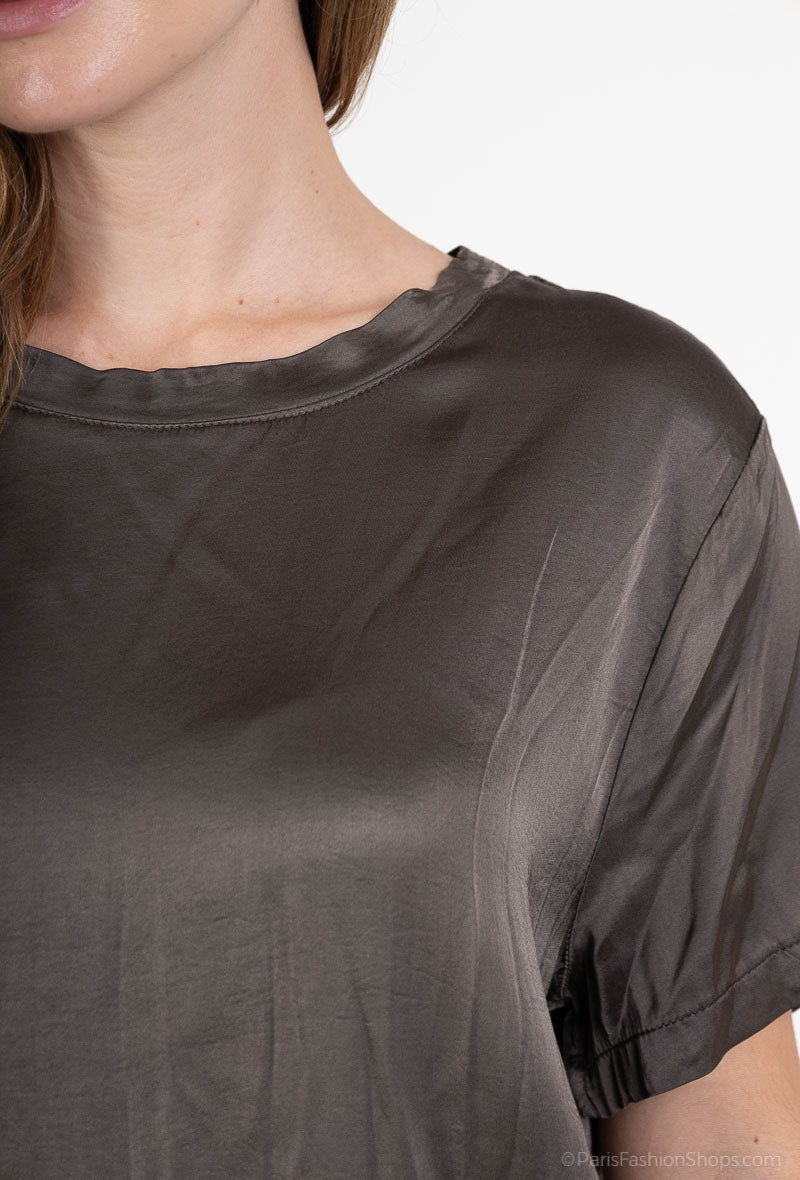 T-Shirt Manche Courte Satin Simple Bords-Côtes Viscose