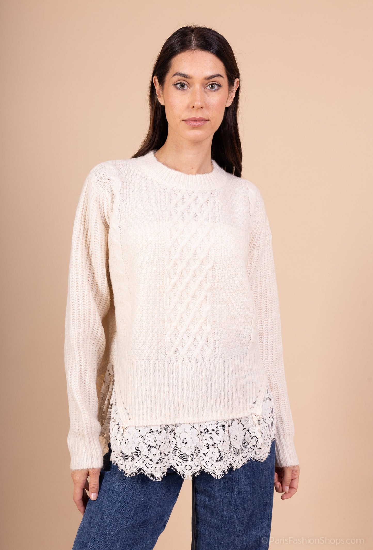 Pull Maille Tricot Torsadé Effet Superposé Volants Dentelle