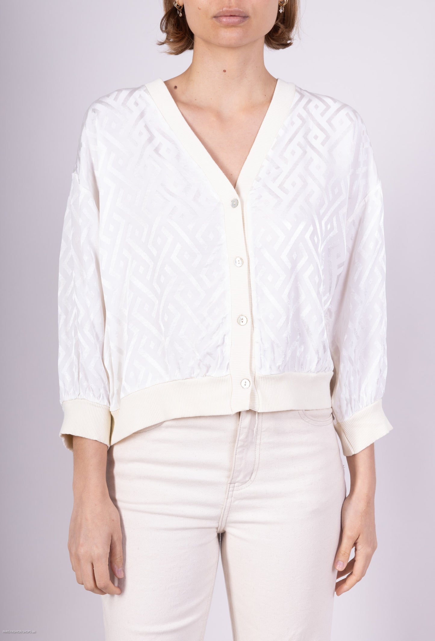 Cardigan à Motifs Géométrique Bords Côtes 100% Viscose