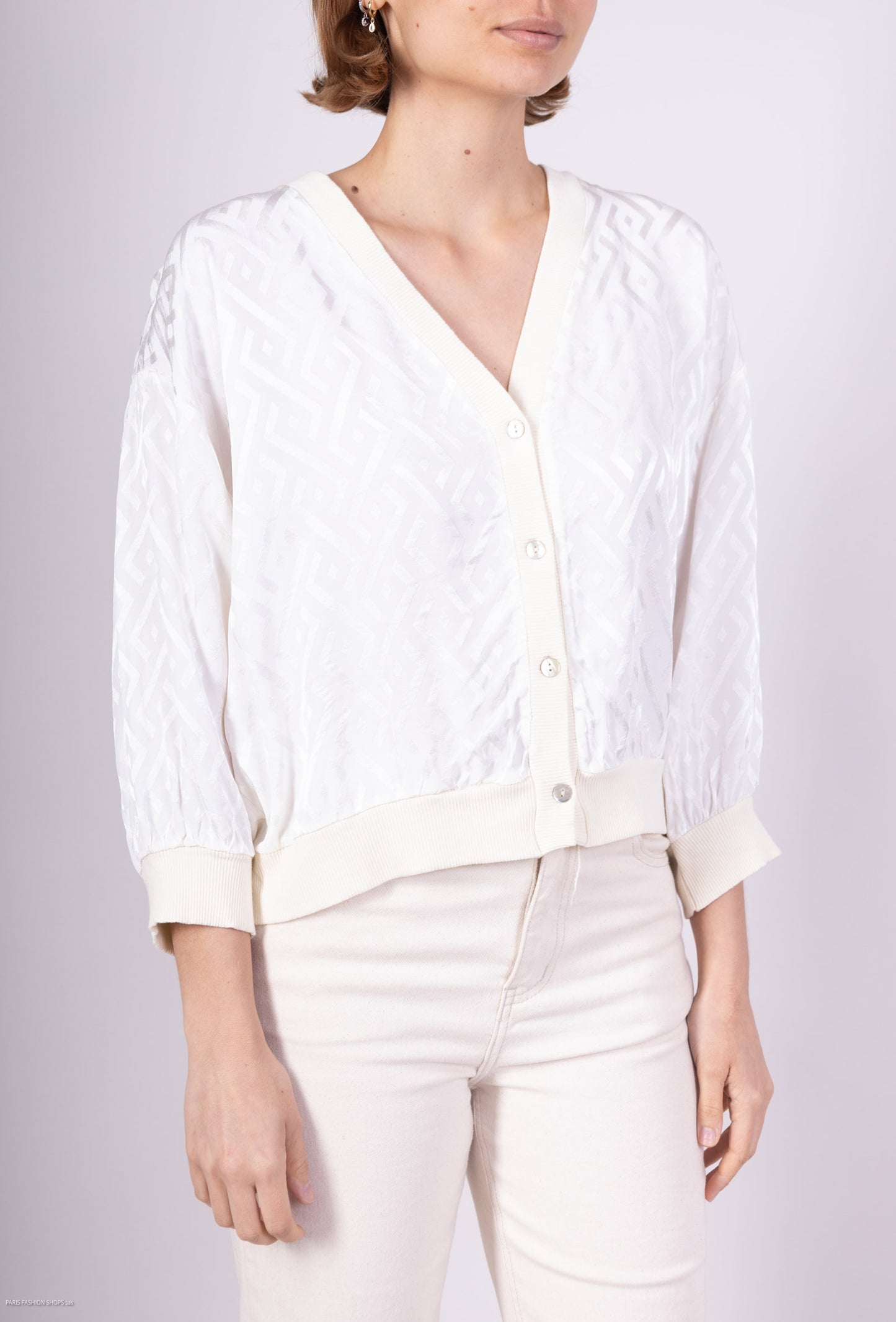 Cardigan à Motifs Géométrique Bords Côtes 100% Viscose