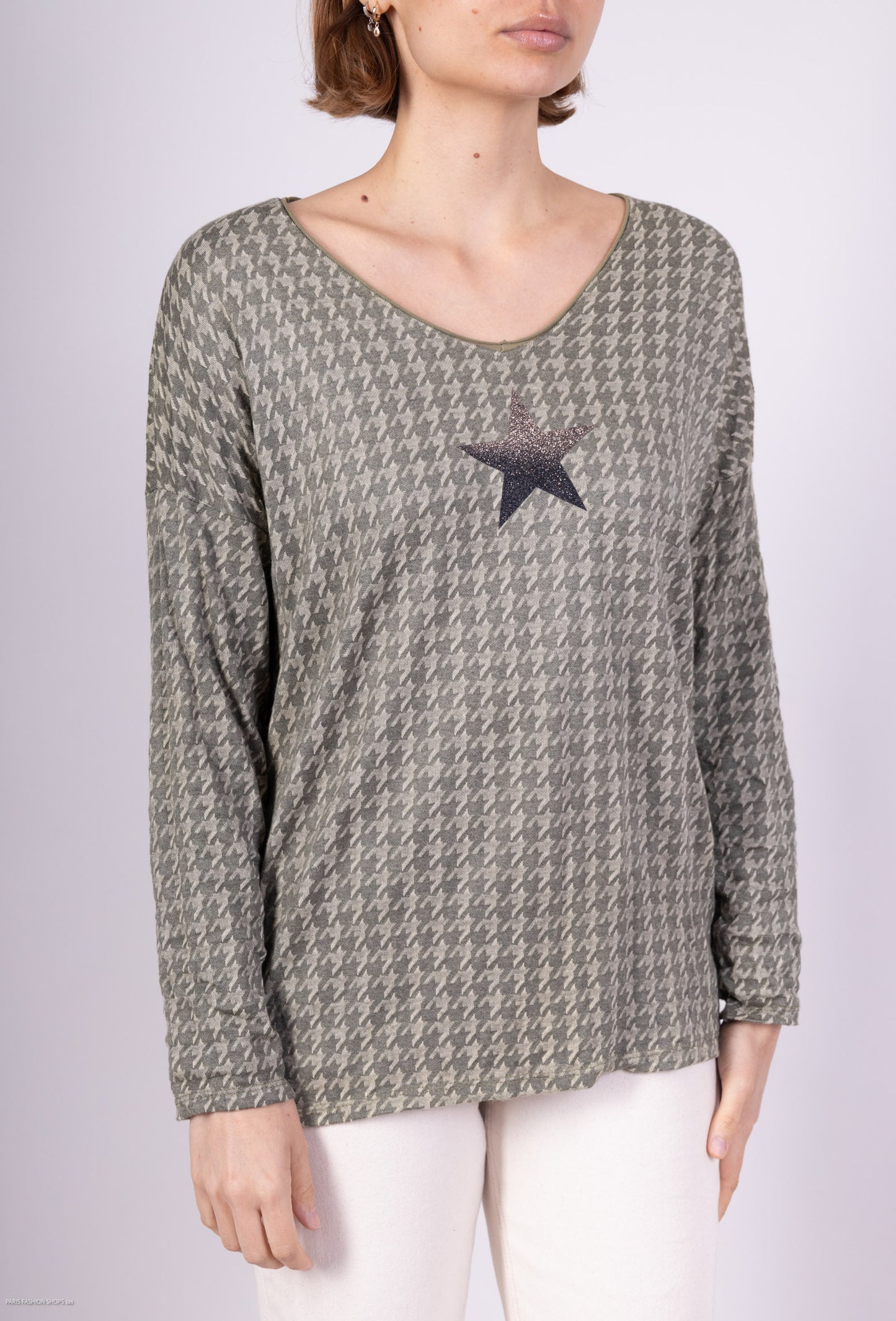 T-Shirt Col Rond Motif Pied De Poule Imprimé Étoile