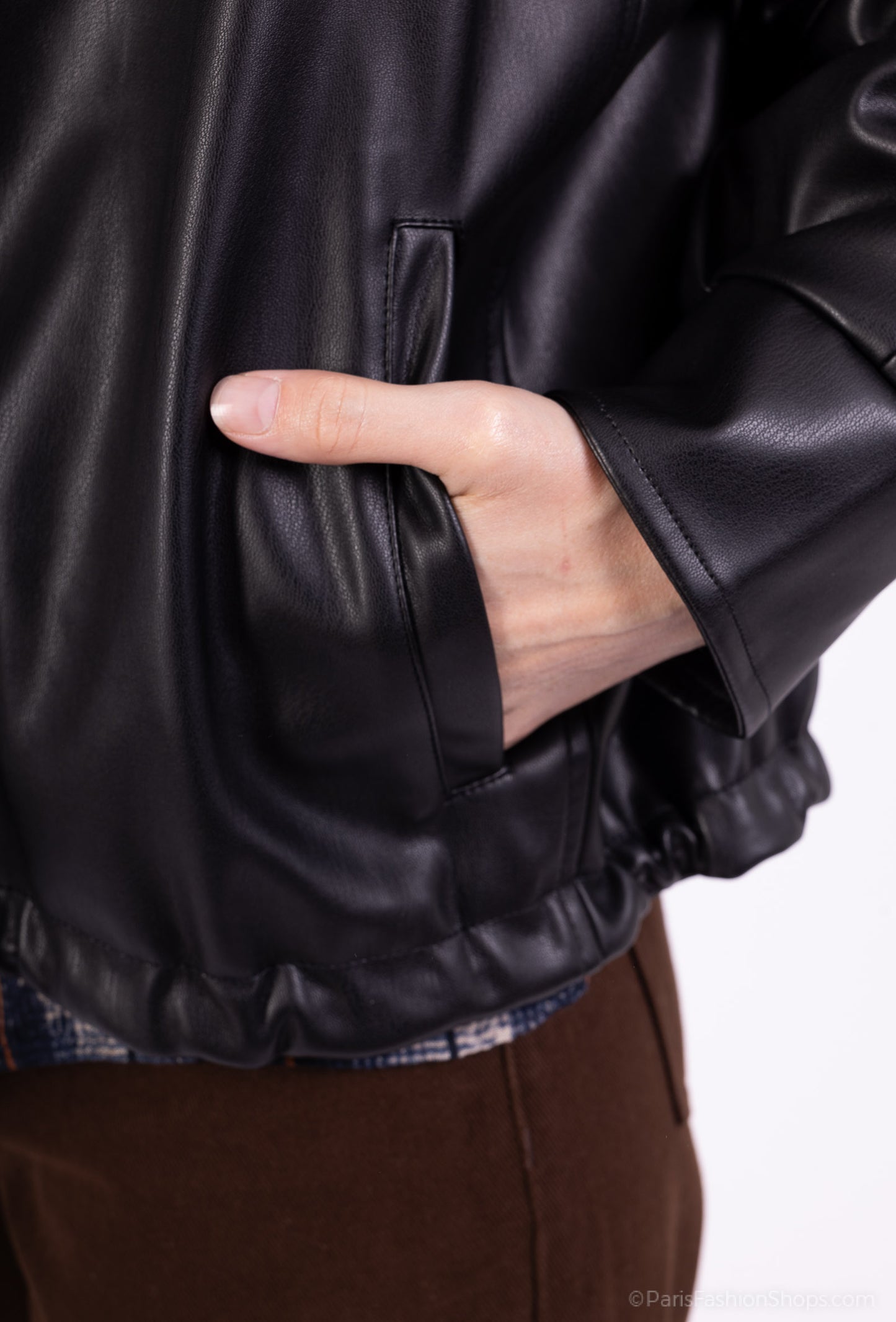 Veste Simili Cuir Col Chemise Taille Élastique À Cordon