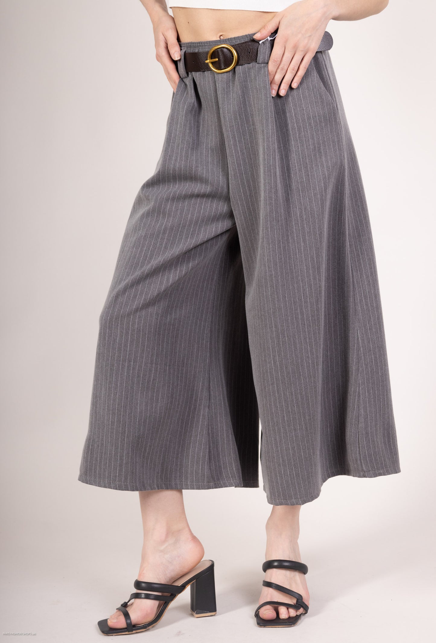 Pantalon-Jupe Coupe Large Droite Rayé Taille Élastique Ceinture