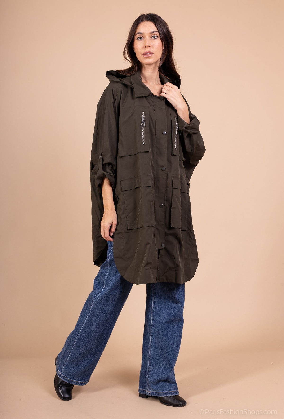 Long Hooded Raincoat with Pockets and Buttoned Slit