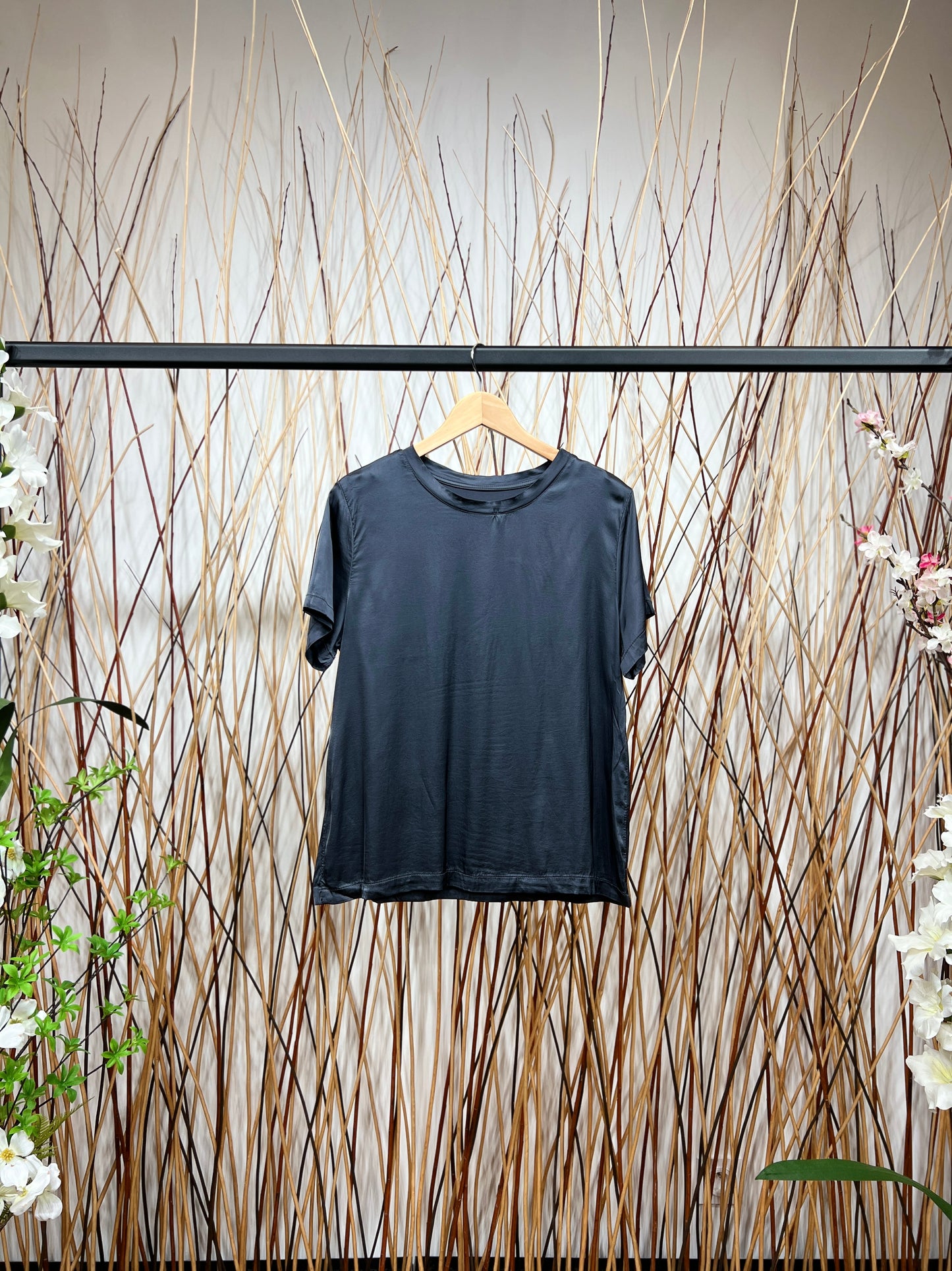 T-Shirt Manche Courte Satin Simple Bords-Côtes Viscose