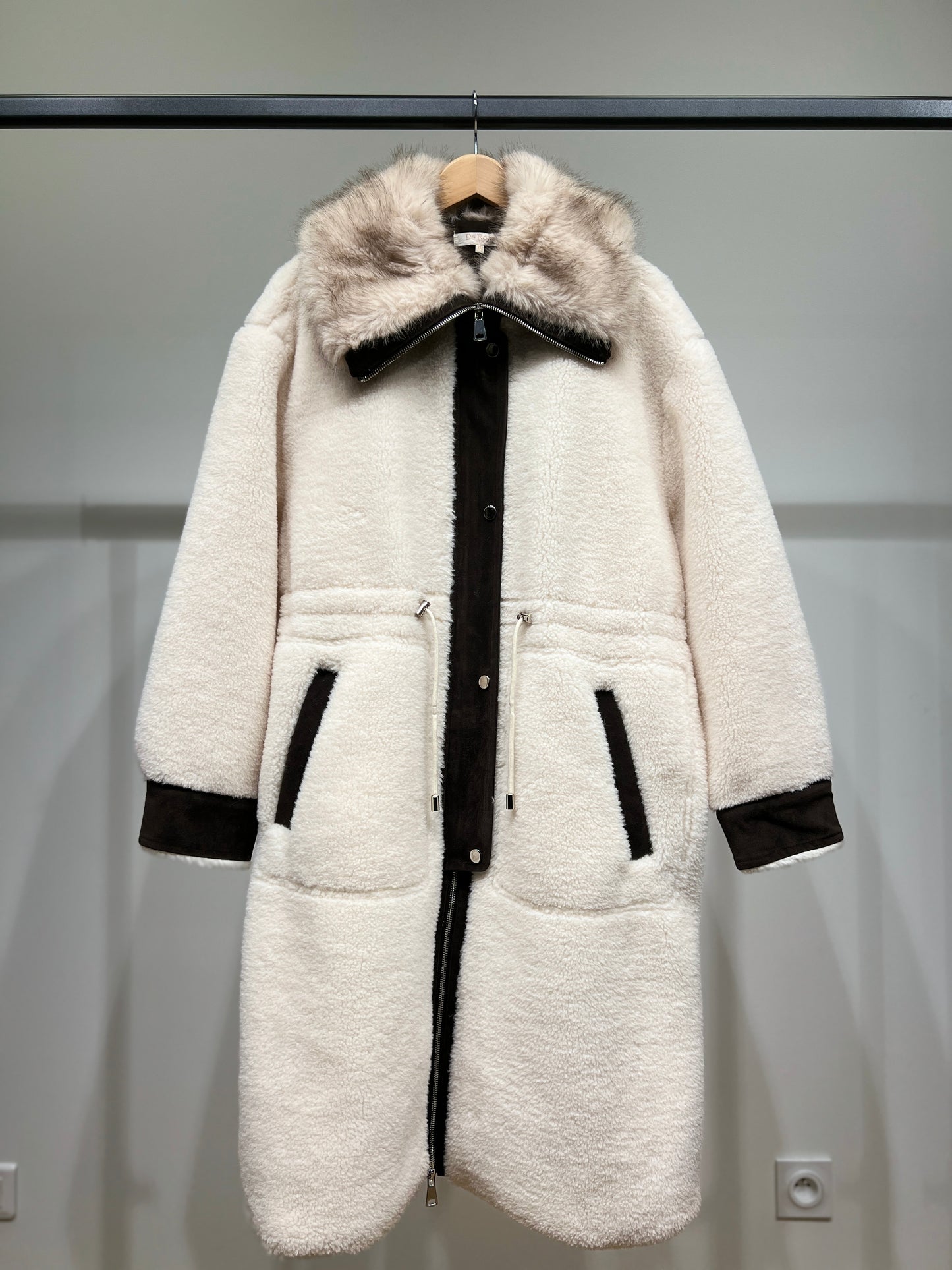 Manteau Long Polaire Zippé Col Fourrure Bicolore Ajustable