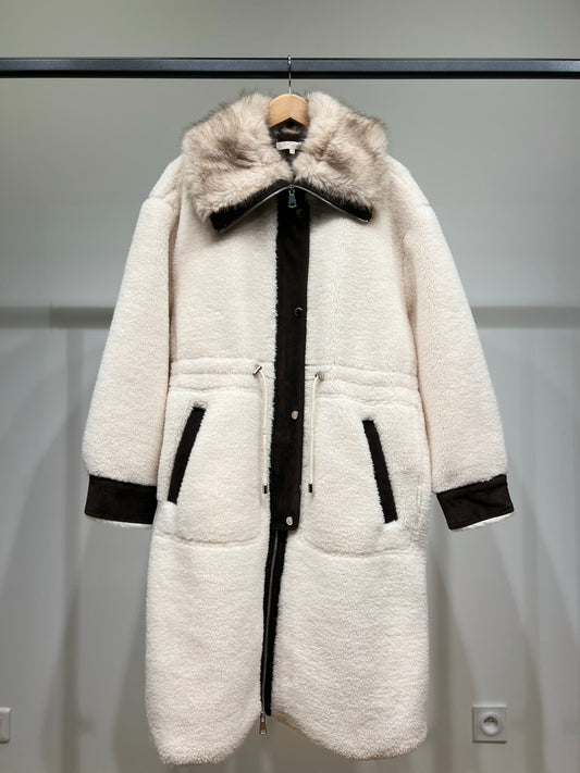 Manteau Long Polaire Zippé Col Fourrure Bicolore Ajustable