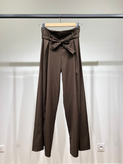 Pantalon Large Rayures Fines à Ceinture Tissu