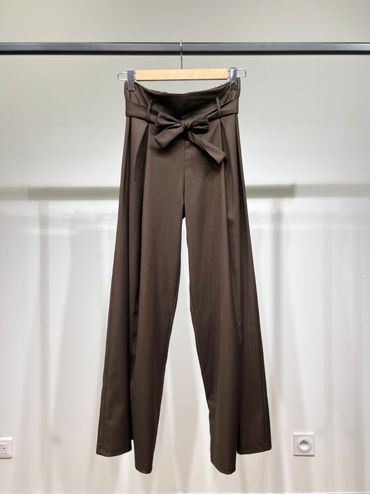 Pantalon Large Rayures Fines à Ceinture Tissu