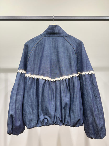 Blouson Coupe Blousante Denim Col Montant Dentelle Manche Bouffantes Poches