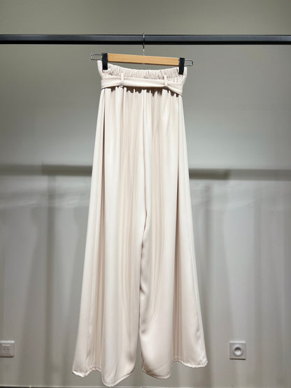 Pantalon Large Fluide Plissé Ceinture Nouer Taille Élastique