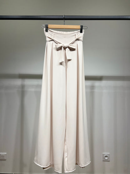 Pantalon Large Fluide Plissé Ceinture Nouer Taille Élastique