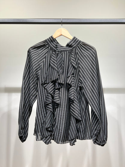 Chemisier Rayé à Volants Col Nœud Arrière Manches Bouffantes Élastique