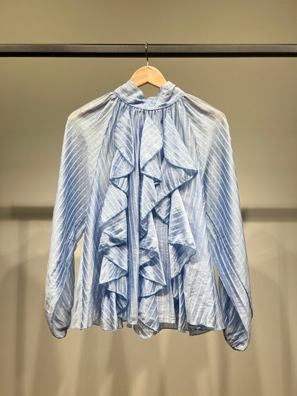 Chemisier Rayé à Volants Col Nœud Arrière Manches Bouffantes Élastique