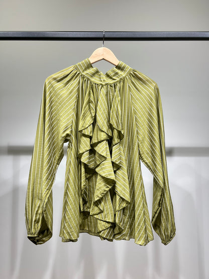 Chemisier Rayé à Volants Col Nœud Arrière Manches Bouffantes Élastique