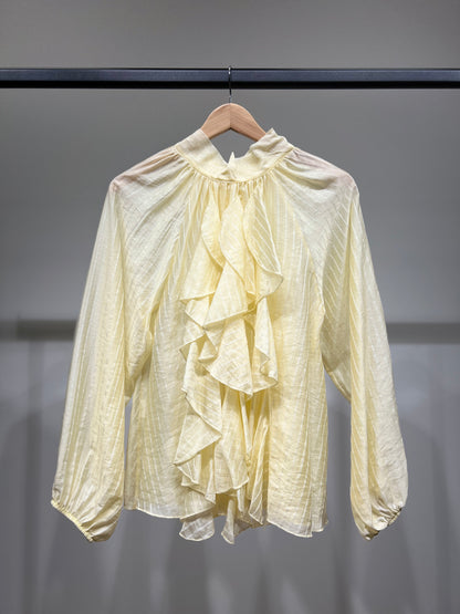 Chemisier Rayé à Volants Col Nœud Arrière Manches Bouffantes Élastique