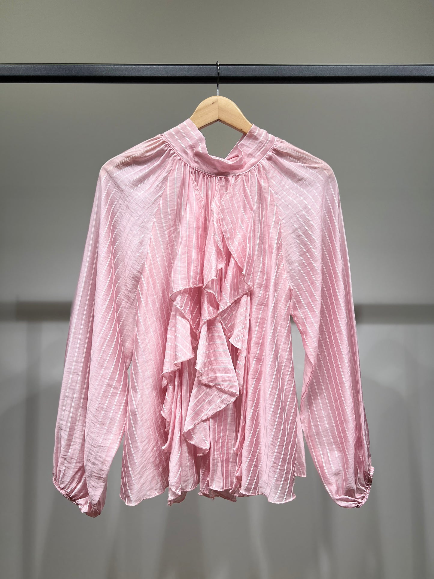 Chemisier Rayé à Volants Col Nœud Arrière Manches Bouffantes Élastique