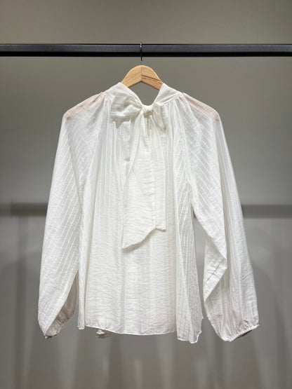 Chemisier Rayé à Volants Col Nœud Arrière Manches Bouffantes Élastique