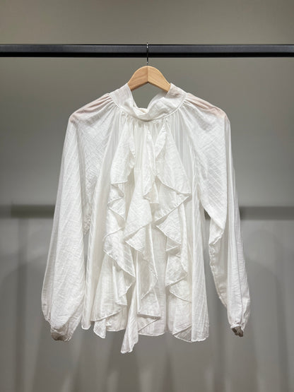 Chemisier Rayé à Volants Col Nœud Arrière Manches Bouffantes Élastique