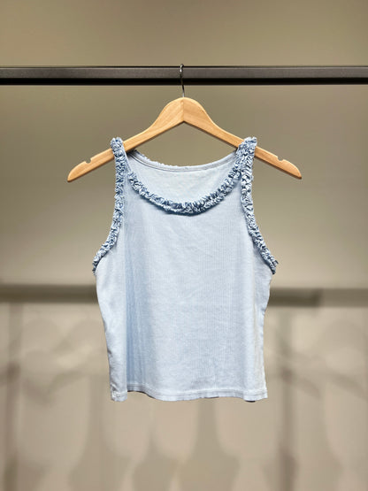 Débardeur Crop Top Col Rond Côtelé à Froufrous 90% Coton