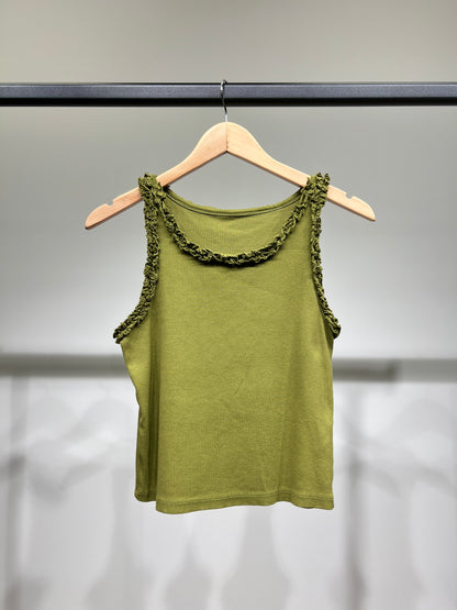 Débardeur Crop Top Col Rond Côtelé à Froufrous 90% Coton