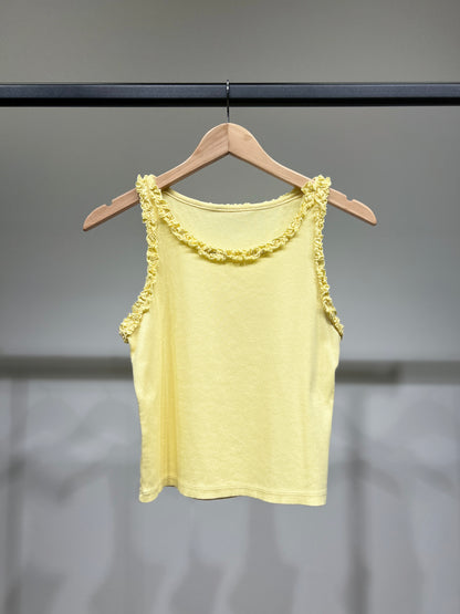 Débardeur Crop Top Col Rond Côtelé à Froufrous 90% Coton