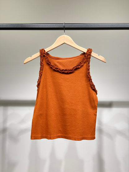 Débardeur Crop Top Col Rond Côtelé à Froufrous 90% Coton