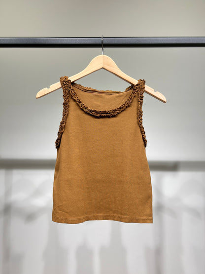 Débardeur Crop Top Col Rond Côtelé à Froufrous 90% Coton