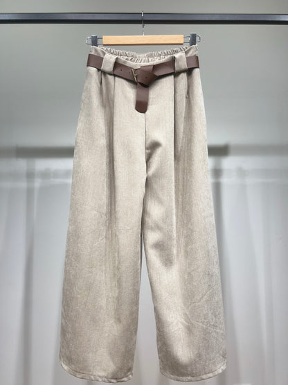Pantalon Taille Haute Coupe Large Évasée Ceinture Poche Velours Au Ras
