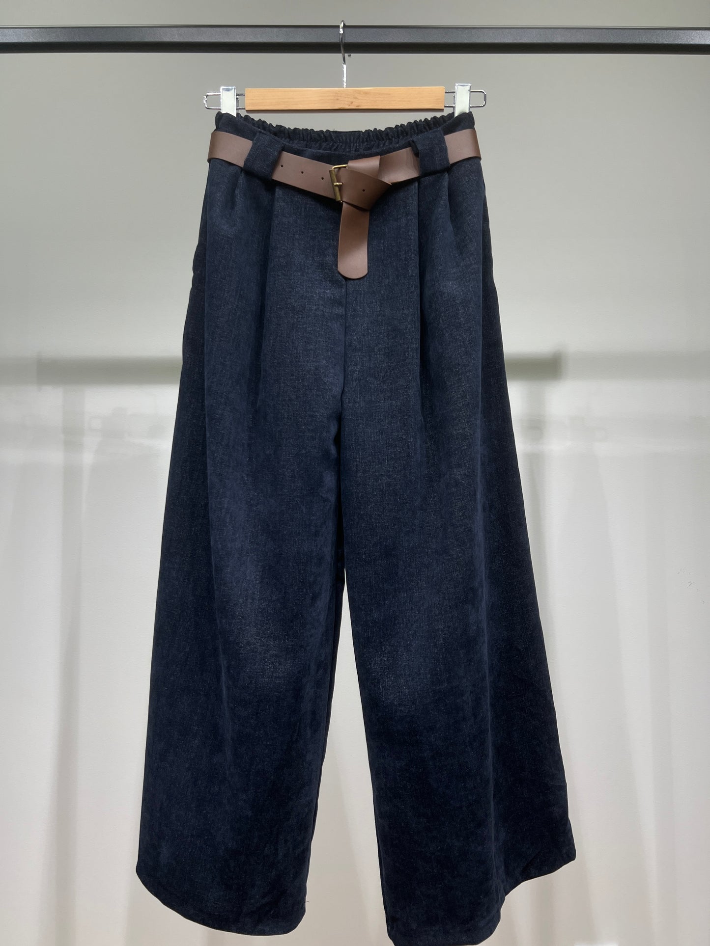 Pantalon Taille Haute Coupe Large Évasée Ceinture Poche Velours Au Ras