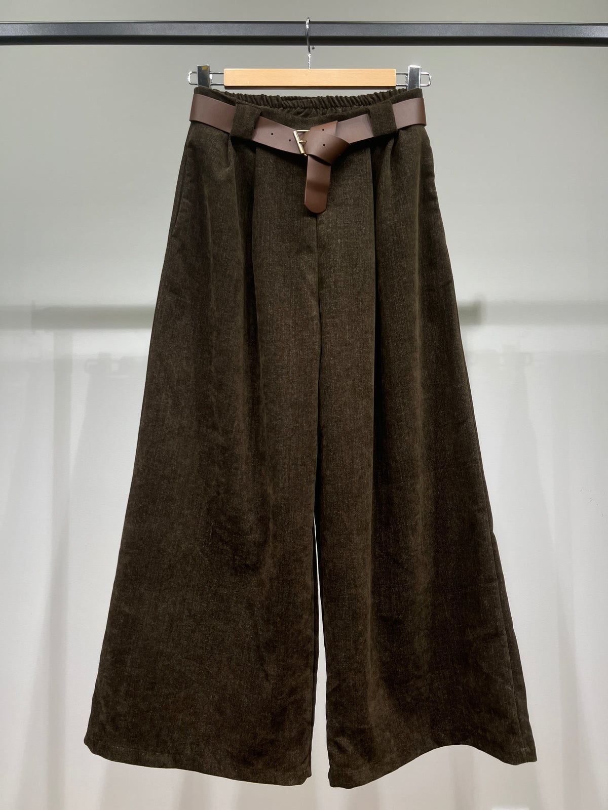 Pantalon Taille Haute Coupe Large Évasée Ceinture Poche Velours Au Ras