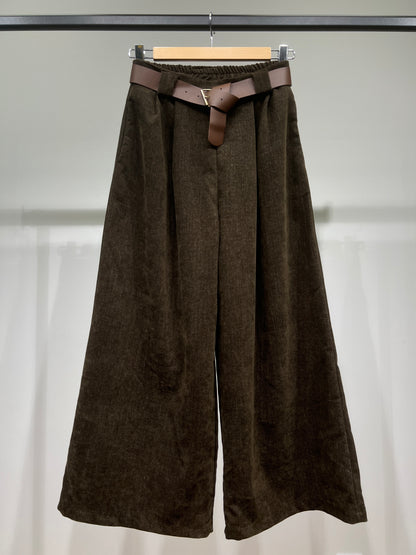 Pantalon Taille Haute Coupe Large Évasée Ceinture Poche Velours Au Ras