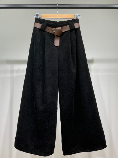 Pantalon Taille Haute Coupe Large Évasée Ceinture Poche Velours Au Ras