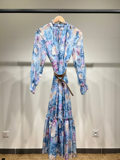 Ensemble Robe D'Été Mousseline & Doublure Robe Col V à Motif Fleuri Col Lavallière Manche Bouffante & Ceinture