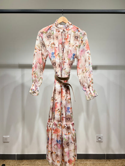 Ensemble Robe D'Été Mousseline & Doublure Robe Col V à Motif Fleuri Col Lavallière Manche Bouffante & Ceinture