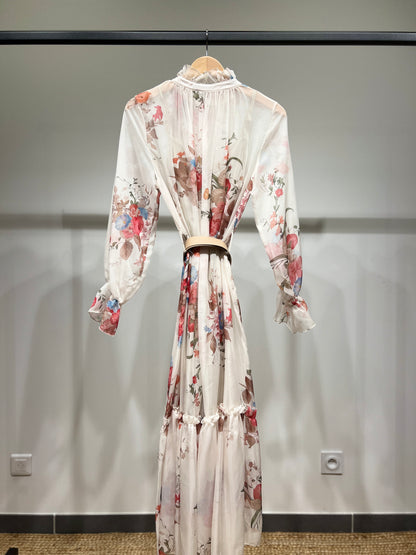 Ensemble Robe D'Été Mousseline & Doublure Robe Col V à Motif Fleuri Col Lavallière Manche Bouffante & Ceinture