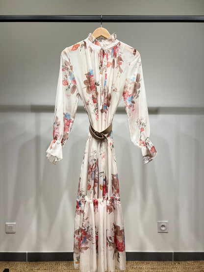 Ensemble Robe D'Été Mousseline & Doublure Robe Col V à Motif Fleuri Col Lavallière Manche Bouffante & Ceinture