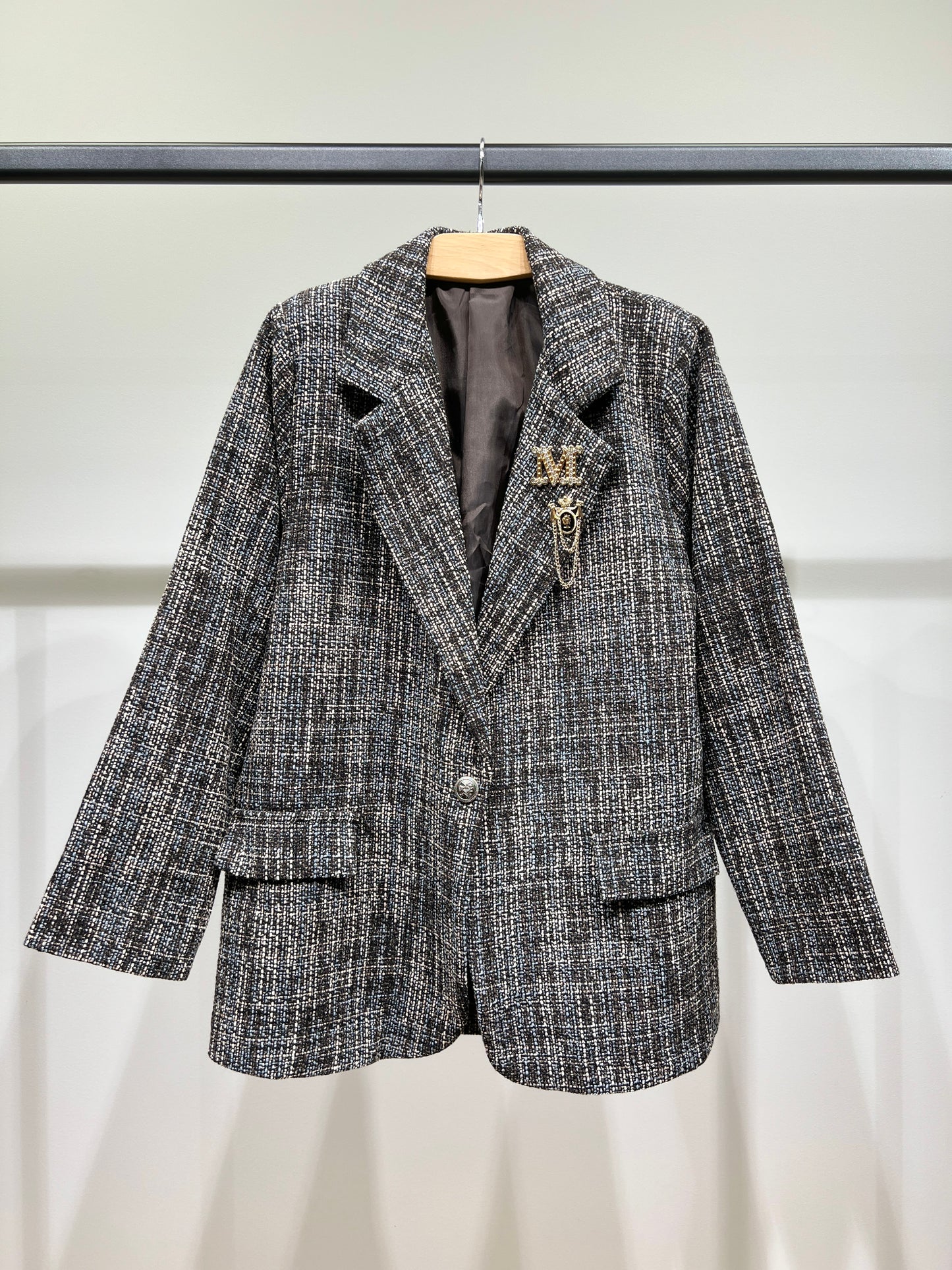 Veste Blazer Large Toile Chiné Lurex Pins Poches Décorative