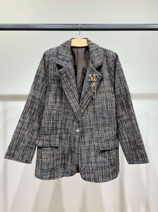 Veste Blazer Large Toile Chiné Lurex Pins Poches Décorative