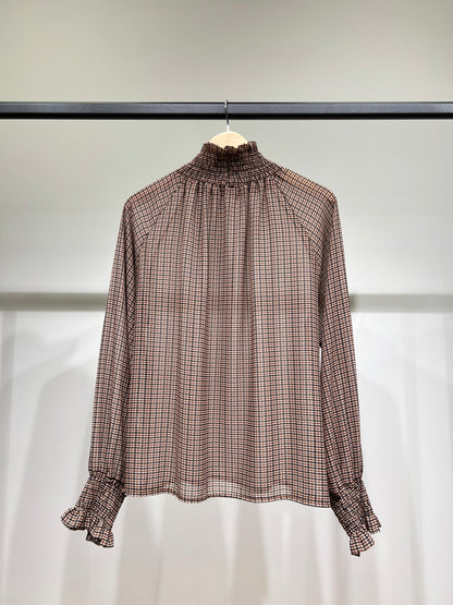 Blouse Col Montant Et Poignets Smocké Mousseline À Motifs