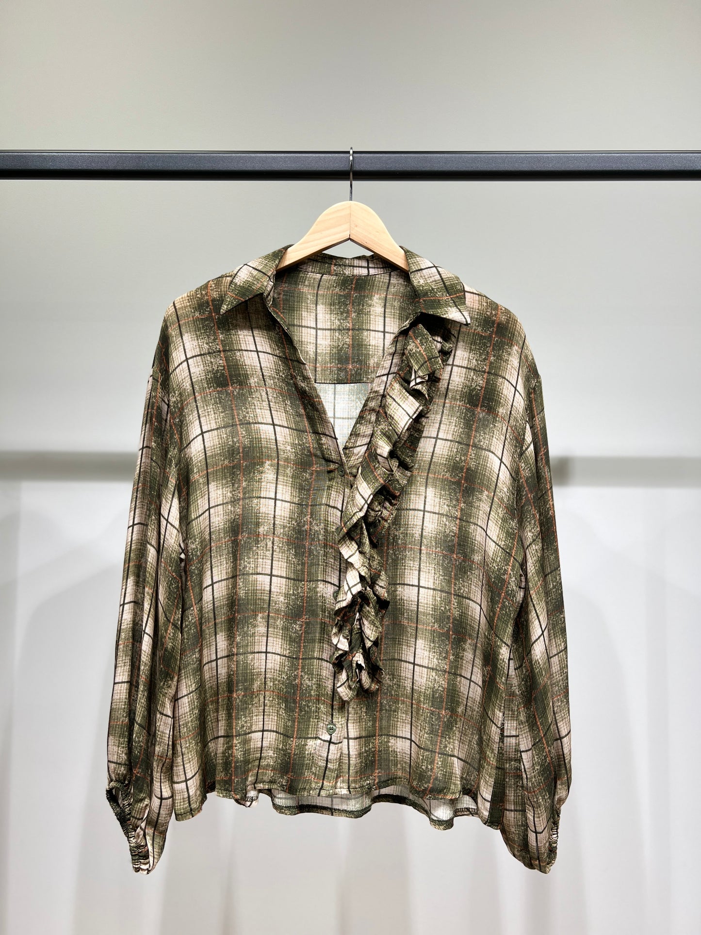 Chemisier Col V À Volants Manches Bouffantes Motif Tartan