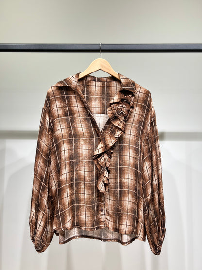 Chemisier Col V À Volants Manches Bouffantes Motif Tartan