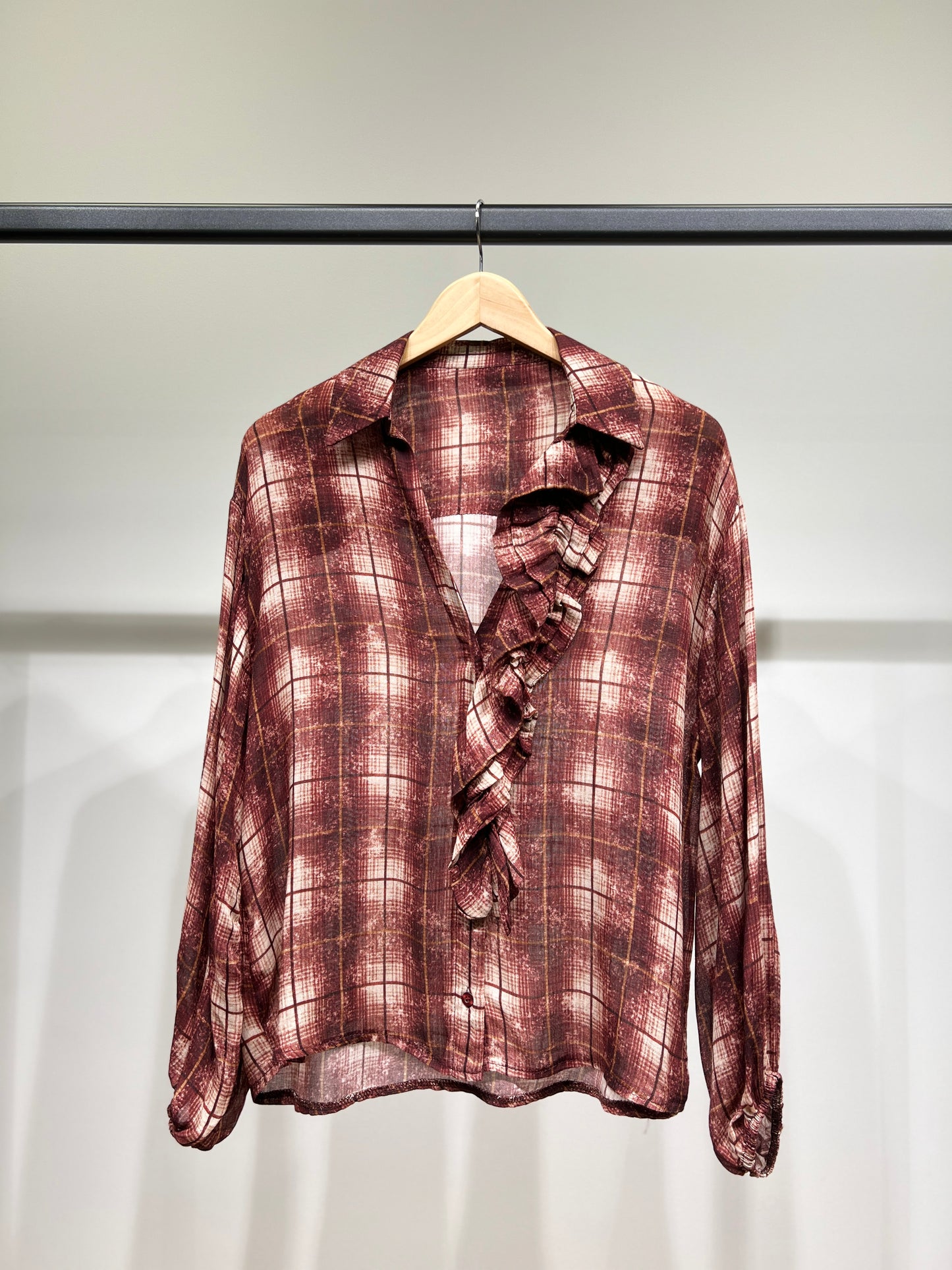 Chemisier Col V À Volants Manches Bouffantes Motif Tartan