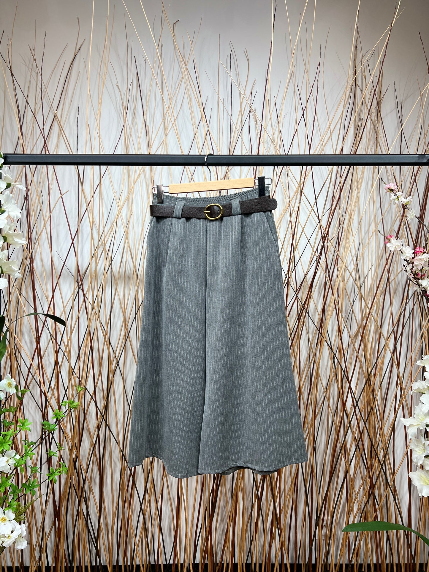 Pantalon-Jupe Coupe Large Droite Rayé Taille Élastique Ceinture