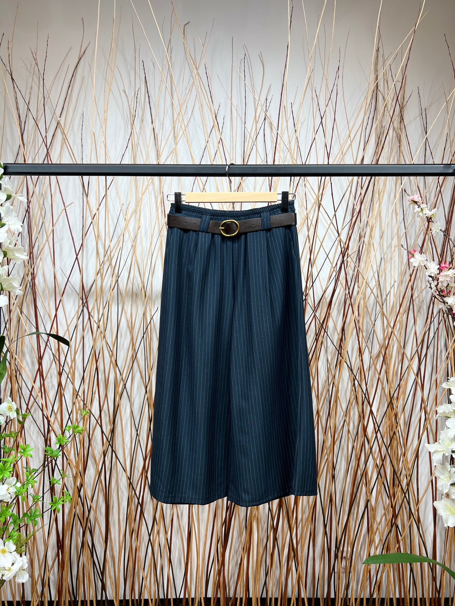 Pantalon-Jupe Coupe Large Droite Rayé Taille Élastique Ceinture