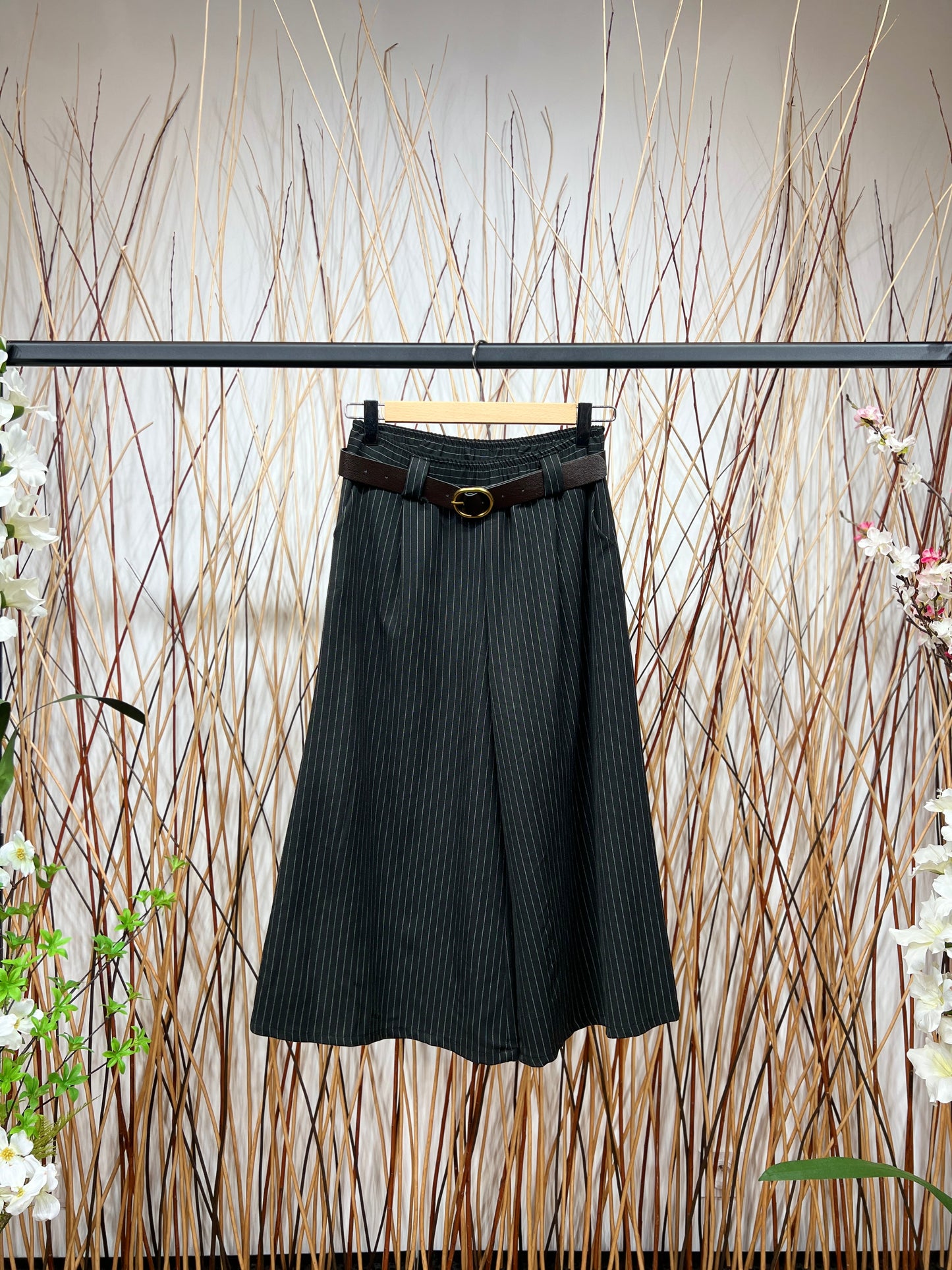 Pantalon-Jupe Coupe Large Droite Rayé Taille Élastique Ceinture